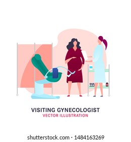 Gynecological examination image. Pregnant woman visiting gynecologist concept. Professional check-up background in light medical colors. Editable vector illustration in flat style.