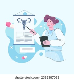 Gynecological examination for women. A gynecologist consults a patient about fallopian tube ovarian diseases. Research of the female reproductive system treatment and therapy. Vector illustration