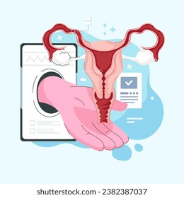 Gynecological examination for women. A gynecologist consults a patient about fallopian tube ovarian diseases. Research of the female reproductive system treatment and therapy. Vector illustration