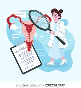 Gynecological examination for women. A gynecologist consults a patient about fallopian tube ovarian diseases. Research of the female reproductive system treatment and therapy. Vector illustration