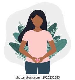 Gynecological health concept vector illustration: early pregnancy, hygiene, menstruation, pain, disease, . Standing black woman with heart shaped hands at belly zone.
