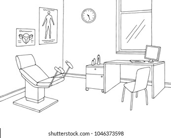 Gynecological office clinic graphic black white interior sketch illustration vector