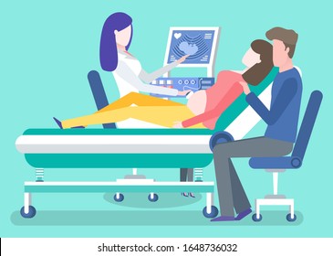 Gynecologist checkup vector, pregnant woman with husband in hospital. Ultrasound scanning of embryo, medical worker with patient and man flat style