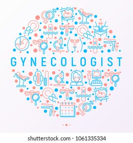 Gynecologist concept in circle with thin line icons: uterus, ovaries, gynecological chair, pregnancy, ultrasound, sanitary napkin, test, embryo, menstruation, ovulation Modern vector illustration.