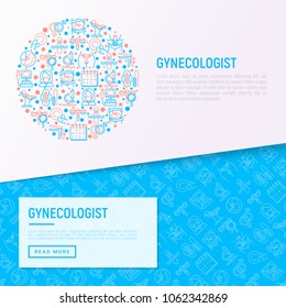 Gynecologist concept in circle with thin line icons: uterus, ovaries, gynecological chair, pregnancy, ultrasound, sanitary napkin, test, embryo, menstruation. Vector illustration, web page template.