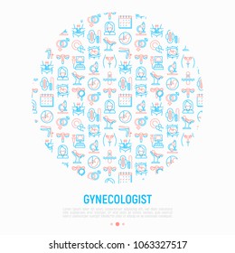 Gynecologist concept in circle with thin line icons: uterus, ovaries, gynecological chair, pregnancy, ultrasound, sanitary napkin, test, embryo, menstruation. Vector illustration, web page template.