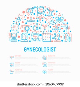 Gynecologist concept in half circle with thin line icons: uterus, ovaries, gynecological chair, pregnancy, ultrasound, sanitary napkin, embryo, menstruation. Vector illustration, web page template.