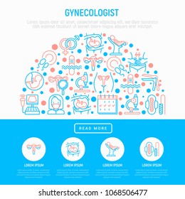 Gynecologist concept in half circle with thin line icons: uterus, ovaries, gynecological chair, pregnancy, ultrasound, sanitary napkin, embryo, ovulation Modern vector illustration, web page template.