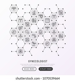 Gynecologist concept in honeycombs with thin line icons: uterus, ovaries, gynecological chair, pregnancy, ultrasound, sanitary napkin, test, embryo, menstruation, ovulation. Modern vector illustration