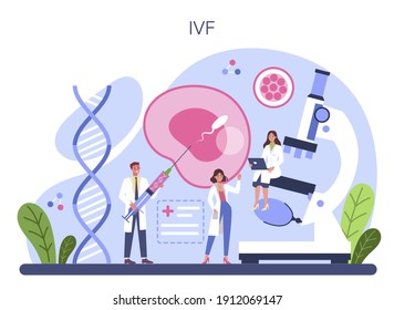 Concepto de ginecólogo. Método de fertilización in vitro. Problema de reproducción. Embarazo artificial con ayuda de la tecnología moderna. Ilustración aislada en estilo de caricatura