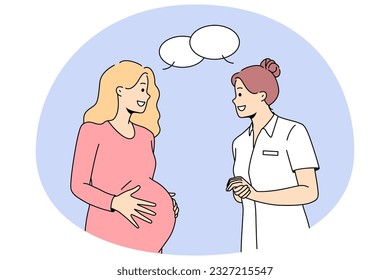 Gynecologist consult pregnant woman at hospital. Caring doctor or nurse talking with future mother. Pregnancy and maternity healthcare. Vector illustration.