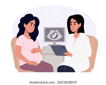 Consulta de ginecologista. Médico conversando com mulher grávida. O médico explica os resultados de ultrassom para uma gestante usando um comprimido digital. Ilustração vetorial em estilo plano