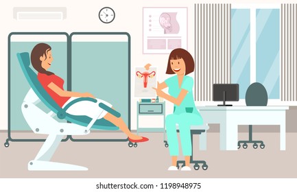 Gynecologist Consultation. Medical Health care Set. Doctor and Patient in Clinic. Woman in Gynecological Chair. Gynecology and Woman Health Concept. Vector Flat Illustration.