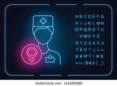 Gynecologist consultation neon light icon. Female health examination. Clinic appointment. Prenatal healthcare aid. Glowing sign with alphabet, numbers and symbols. Vector isolated illustration
