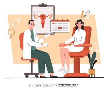 Gynecologist consultations concept. Woman talking to specialist. Young girl next to of ovulation and menstruation calendar. Pregnancy monitoring, disease treatment. Cartoon flat vector illustration