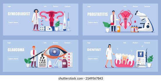 Gynecologist, dentist, optometrist, andrologist vector concept for medical websites, homepages. Treatment of endometriosis, prostate, myopia illustration. Doctor's appointment.