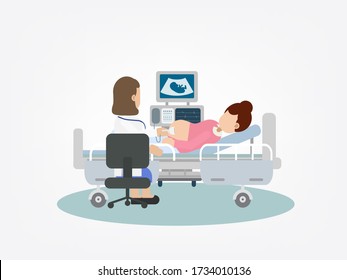 Gynecologist do ultrasound pregnant woman flat design vector illustration