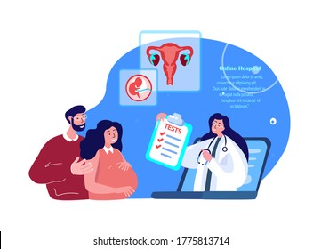 Gynecologist Doctor Consultate Future Parents Pregnant Woman,Man.Online Digital Ultrasound.Prenatal Care,Management of Pregnancy,Medical Hospital.Internet Online Female Diagnostics.Vector Illustration