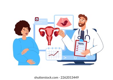 Gynecologist Doctor Consultate Pregnant Woman,Future Mother.Online Digital Ultrasound.Prenatal Care,Management of Pregnancy,Medical Hospital.Internet Online Female Diagnostics.Flat Vector Illustration