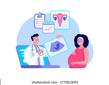 Gynecologist Doctor Consultate Pregnant Woman.Online Ultrasound.Prenatal Care,Management of Pregnancy,Medical Hospital.Internet Online Female Diagnostics. Digital Help Service.Flat Vector Illustration