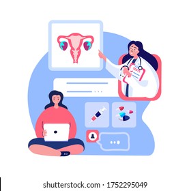 Gynecologist Doctor Consultate Woman. Online Medical Hospital.Internet Online Female Diagnostics.Uterus,Ovaries Treatment.Digital Help Service. Prevention Treatment Selection. Flat Vector Illustration