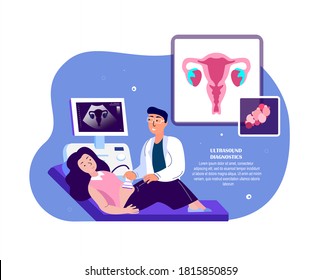Gynecologist Doctor Examine Diagnosing, Consultate Woman on Ultrasound Investigation.Female Diagnostics.Uterus, Ovaries Treatment. Prevention Female Gynecological Consultation.Flat Vector Illustration