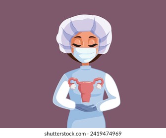 
Gynecologist Doctor Surgeon Holding a Uterus Symbol Vector Illustration. Obstetrician specialist explaining diagnoses and surgical treatment 
