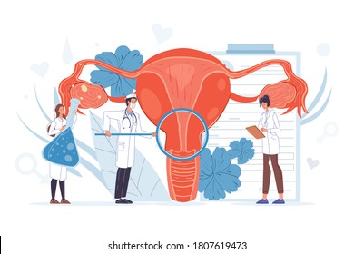 Gynecologist doctor team make uterus examination, diagnosis, laboratory test screening. Gynecology disease prevention. Female reproductive health concept. Woman anatomy, ovary, womb medical treatment