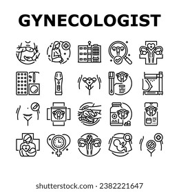 gynecologist doctor woman patient icons set vector. dentistry doctor, dentist implant, care tooth, health oral, treatment, medical gynecologist doctor woman patient black contour illustrations