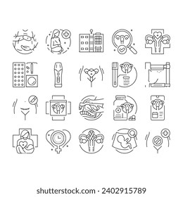 gynecologist doctor woman patient icons set vector. dentistry doctor, dentist implant, care tooth, health oral, treatment, medical gynecologist doctor woman patient black contour illustrations