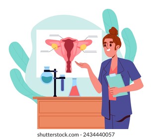 Gynecologist doctor at workplace. Woman in medical uniform with infographcs and educational materials. Female reproductive system. Cartoon flat vector illustration isolated on white background