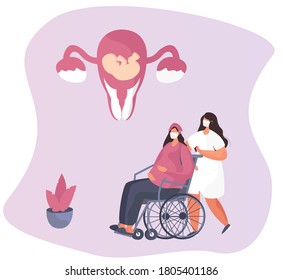 Gynecologist doing Medical Examination of Pregnant in Quarantine.Gynecology Obstetrics Clinic.Pregnant Visiting Gynecologist.Female Consultation.Artificial Insemination.Flat Vector Illustration