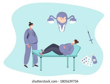 Gynecologist doing Medical Examination of Pregnant with Stethoscope.Gynecology Obstetrics Clinic.Pregnant Visiting Gynecologist.Female Consultation.Artificial Insemination.Flat Vector Illustration