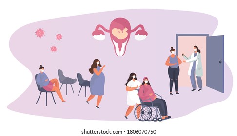 Gynecologist doing Medical Examination of Pregnant with Stethoscope.Gynecology Obstetrics Clinic.Pregnant Visiting Gynecologist.Female Consultation.Artificial insemination.Flat Vector Illustration