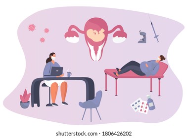 Gynecologist doing Medical Examination of Pregnant with Stethoscope.Gynecology Obstetrics Clinic.Pregnant Visiting Gynecologist.Female Consultation.Artificial insemination.Flat Vector Illustration