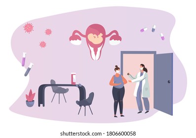 Gynecologist doing Medical Examination of Pregnant with Stethoscope.Gynecology Obstetrics Clinic.Pregnant Visiting Gynecologist.Female Consultation.Artificial Insemination.Flat Vector Illustration