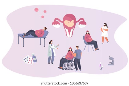 Gynecologist doing Medical Examination of Pregnant with Stethoscope.Gynecology Obstetrics Clinic.Pregnant Visiting Gynecologist.Female Consultation.Artificial Insemination.Flat Vector Illustration