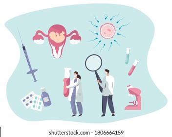 Gynecologist doing Medical Examination of Pregnant with Stethoscope.Gynecology Obstetrics Clinic.Pregnant Visiting Gynecologist.Female Consultation.Artificial Insemination.Flat Vector Illustration