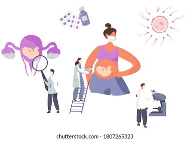 Gynecologist doing Medical Examination of Pregnant with Stethoscope.Gynecology Clinic.Pregnant Visiting Gynecologist.Huge Uterus.Female Consultation.Artificial Insemination.Flat Vector Illustration