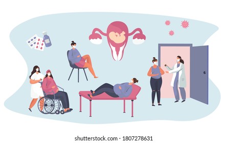 Gynecologist doing Medical Examination of Pregnant with Stethoscope in Quarantine.Gynecology Clinic.Pregnant Visiting Gynecologist.Female Consultation.Artificial Insemination.Flat Vector Illustration