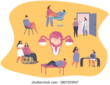 Gynecologist doing Medical Examination of Pregnant with Stethoscope. Gynecology Obstetrics Clinic.Pregnant Visiting Gynecologist.Female Consultation.Artificial insemination.Flat Vector Illustration