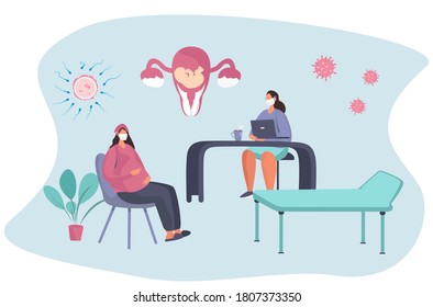 Gynecologist doing Medical Examination of Pregnant with Stethoscope.Gynecology Obstetrics Clinic.Pregnant Visiting Gynecologist.Female Consultation.Artificial Insemination.Flat Vector Illustration