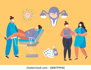 Gynecologist doing Medical Examination of Pregnant.Gynecology Obstetrics Clinic.Pregnant Visiting Gynecologist.Female Consultation.Artificial insemination.Flat Vector Illustration