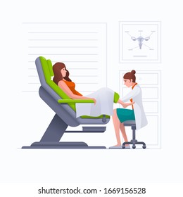 A gynecologist is examined by a patient who is sitting in a gynecological examination chair. Pregnancy, woman, gynecology, medicine, health care concept vector illustration. 