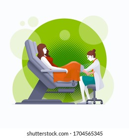 A gynecologist is examined by a patient who is sitting in a gynecological examination chair. Pregnancy, woman, gynecology, medicine, health care concept vector illustration. Easy editable global color