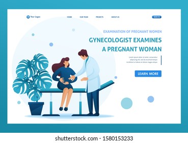 Gynecologist examines a pregnant woman, pregnancy monitoring. Flat 2D character. Landing page concepts and web design