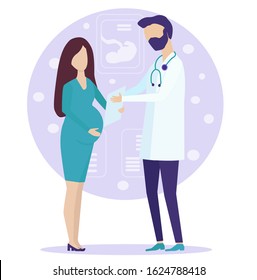 gynecologist explains to pregnant woman the treatment plan, test results, tells about her condition. White coat, third trimester, medicine. The concept of treatment. Ultrasound, health. Vector flat