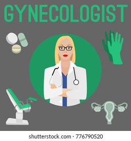 Gynecologist and her professional hardware. Vector illustration in flat style. Beautiful image useful for gynecology, healthcare, medicine or women hospital design.