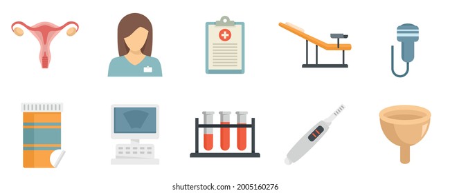 Iconos del ginecólogo. Conjunto plano de iconos vectoriales ginecólogos aislados en fondo blanco