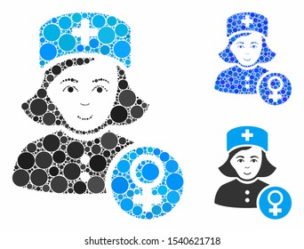 Gynecologist lady doctor mosaic of circle elements in variable sizes and color hues, based on gynecologist lady doctor icon. Vector circle elements are combined into blue collage.